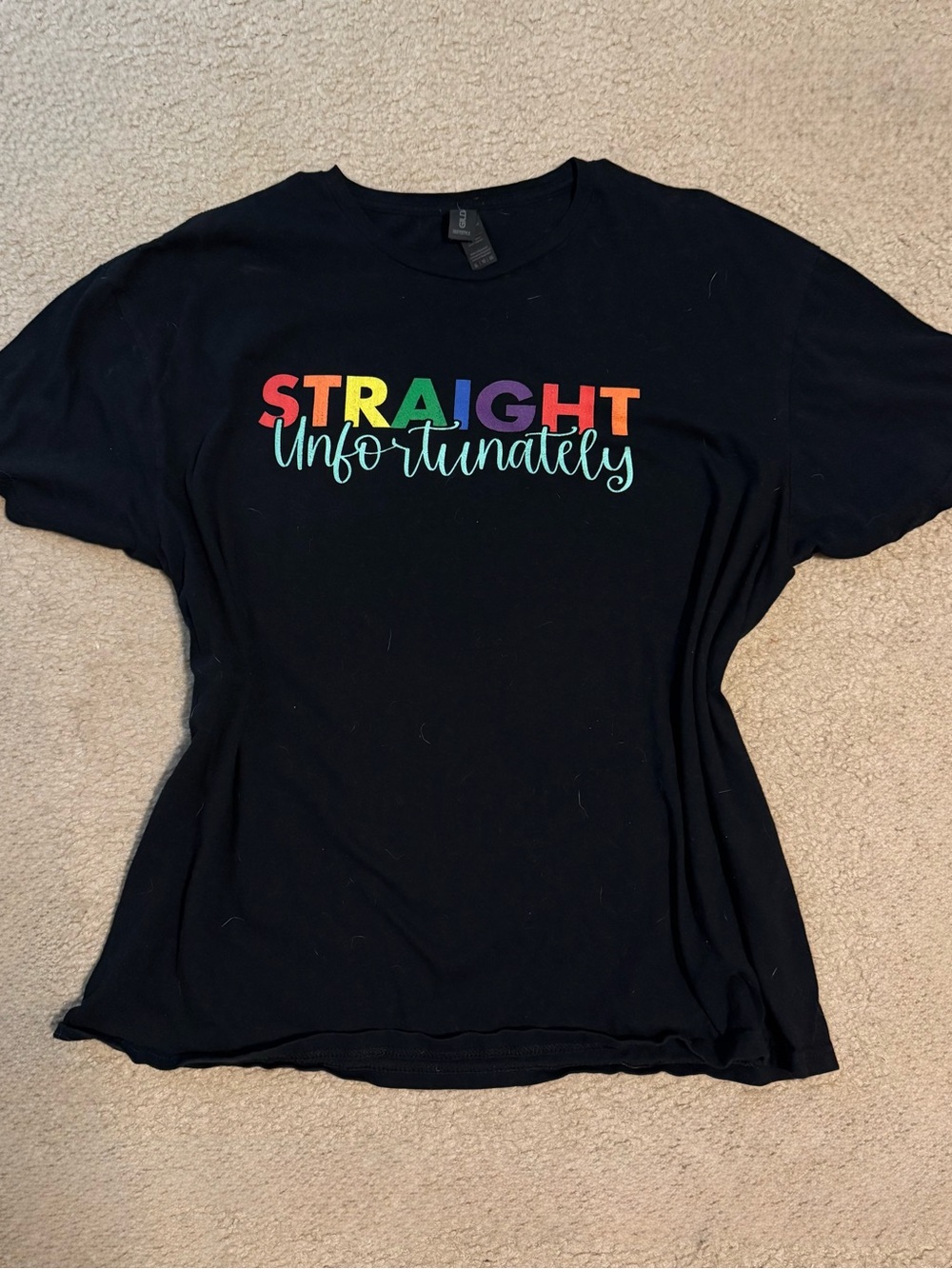 Gildan Black Tee with Rainbow Block "STRAIGHT" and Aqua Script
